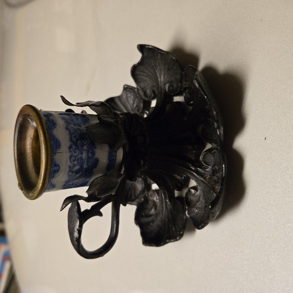 Antique Blue & White Porcelain Cast Iron Candle Holder - Picture 3 of 6